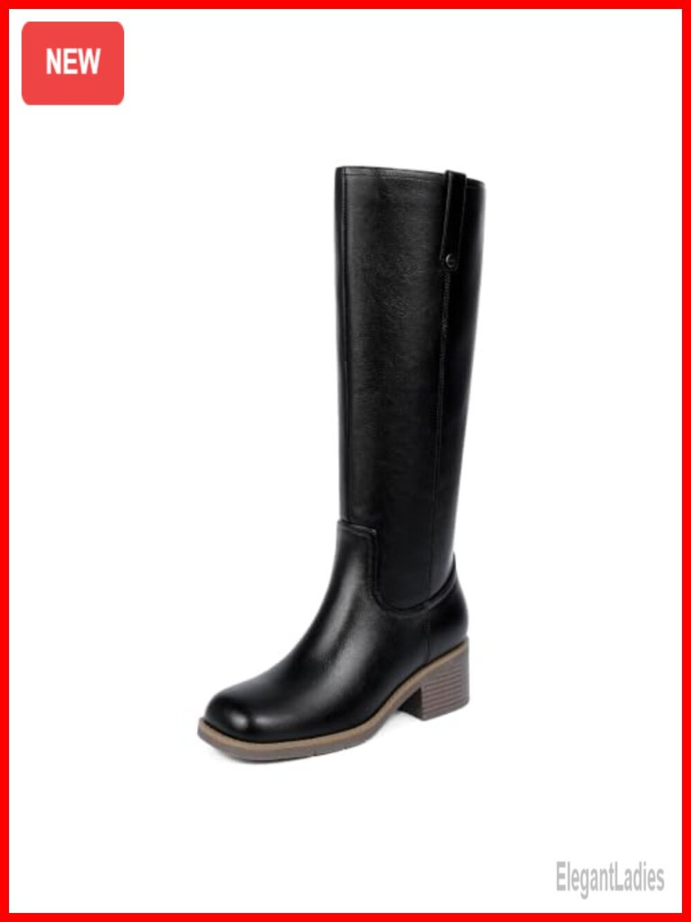 Knee High Chunky Heel Square Toe Faux Leather Riding Boots Pull Tab